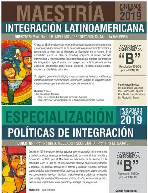 Inscripción Maestria en Integración Latinoamericana y Especialización en Políticas de Integración